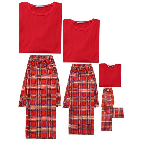 Child's Christmas Long Sleeve Tee with Pants Plaid Pajama Sets Red - Picture 4 of 4